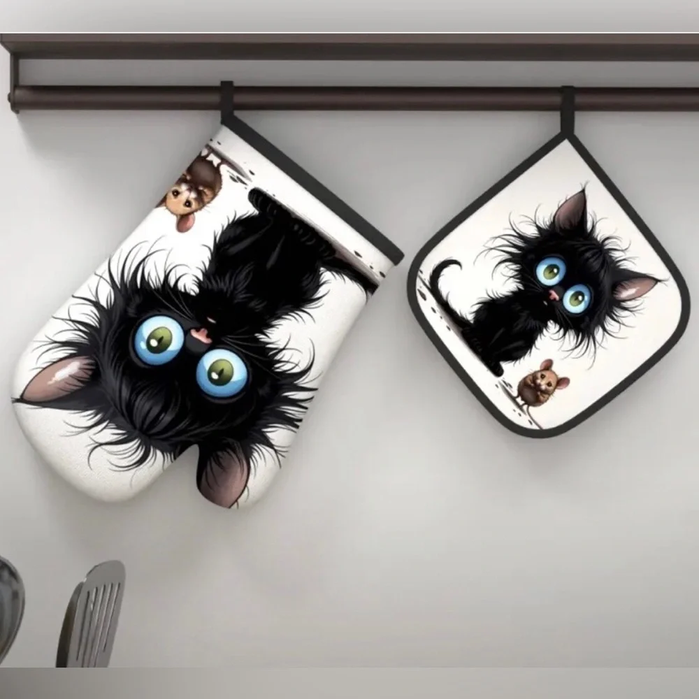Cute Black Cat w Brown Mouse Oven Mitt and Pot Holder Set